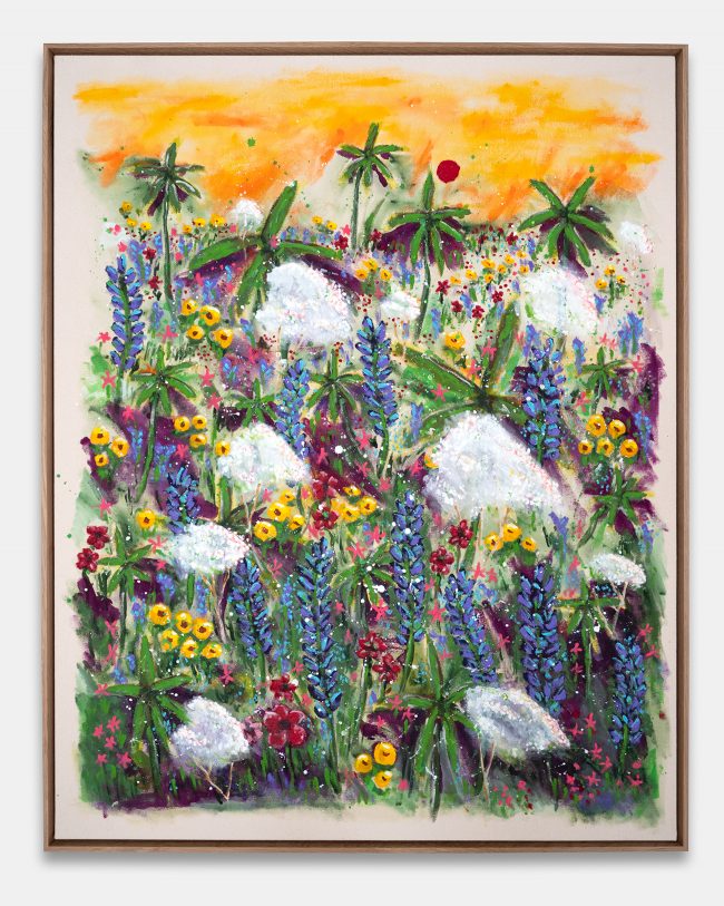 Robert Mollard, It's Nature. Oil and acrylic on cotton canvas, 80x100 cm. A dense and exuberant meadow of lupins, white cloud-like flowers, yellow blooms and palm trees beneath an orange sky with a small red sun. Expressive lyrical landscape painting.