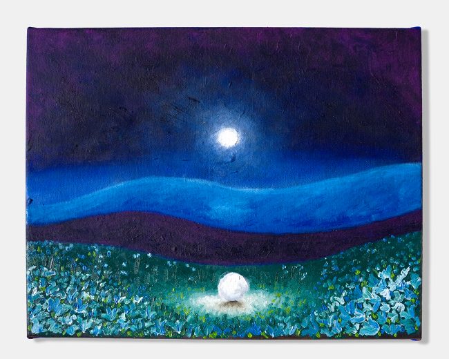 Robert Mollard, Phenomenological. Oil on canvas, 41x32 cm. A solitary white figure sits in a field of blue flowers beneath a deep purple and blue nocturnal sky, a luminous full moon reflected in layered blue waves above. Atmospheric figurative painting.