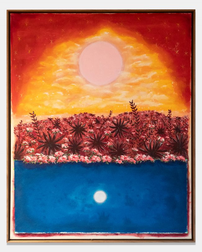 Robert Mollard, Sunset Moonrise. Acrylic and collage on canvas, 80x100 cm. A luminous pink sun sets above a dense red flowering landscape while a white moon rises in a deep blue field below. Rich atmospheric landscape painting with collage elements.