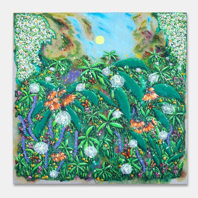 Robert Mollard, The Tale of an Adventurous Snail. Acrylic on linen canvas, 150x150 cm. A large-scale dense jungle landscape with palm fronds, lupins, orange crown imperial flowers, white blooms and butterflies beneath a pale blue sky with a yellow sun. Expressive lyrical landscape painting.