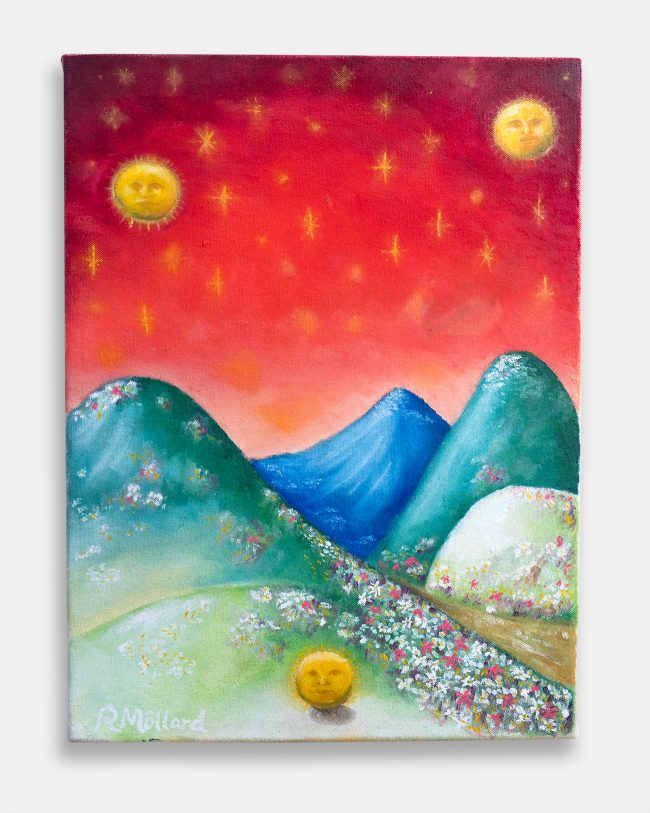 Robert Mollard, The Sun That Fell To The Ground But Bounced Back Up As If Everything Had Happened. Oil on cotton canvas, 27x35 cm. Three anthropomorphic suns with faces float across a vivid red starlit sky above rolling green hills and a flowering meadow. Lyrical figurative painting.
