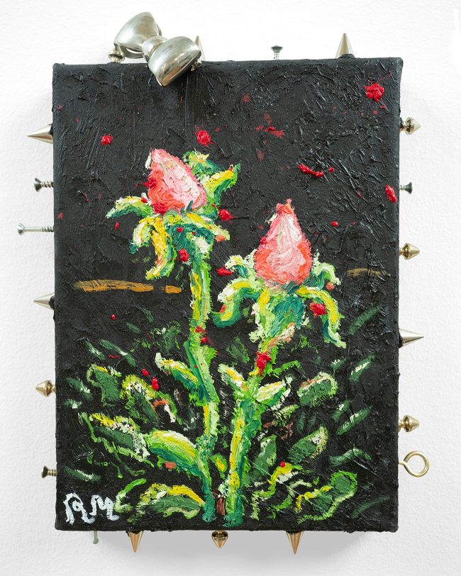Robert Mollard, Thorns. Oil on canvas with metal studs and brooch, 20x25 cm. Two pink rosebuds on dark expressive stems against a black impasto ground, metal spike studs and a silver brooch attached to the canvas edges. Expressionist assemblage painting.