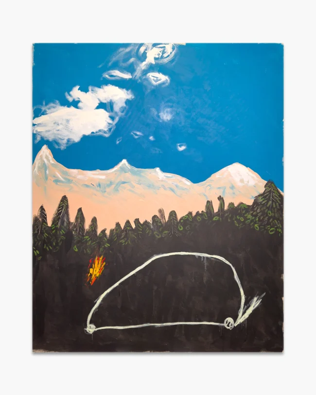 Robert Mollard, Chamonix Mont Blanc, 2025. Acrylic and oilstick on canvas, 130x160 cm. A Land Rover in a dark alpine valley before the Mont Blanc tunnel entrance, a flame sculpture glowing orange and yellow to the left, dense forest and snow-capped peaks beneath a deep blue sky. Naive figurative painting.