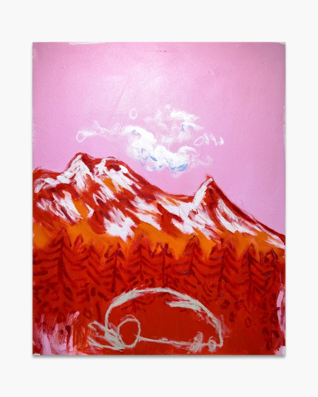 Robert Mollard, Evening Burn in Courmayeur, 2025. Acrylic and oilstick on canvas, 50x62 cm. A Land Rover moving through an intense red alpine landscape, dense forest and snow-capped peaks glowing in evening sunset light beneath a soft pink sky with a single white cloud. Naive figurative painting.