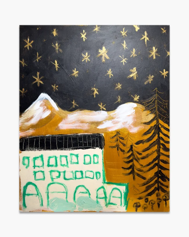 Robert Mollard, Stars in Chamonix, 2025. Acrylic and oilstick on canvas, 50x62 cm. A white chalet with green windows and arched doors beneath a dark starlit sky with gold stars, snow-capped Mont Blanc peaks and dark alpine trees on an amber ground. Naive figurative painting.