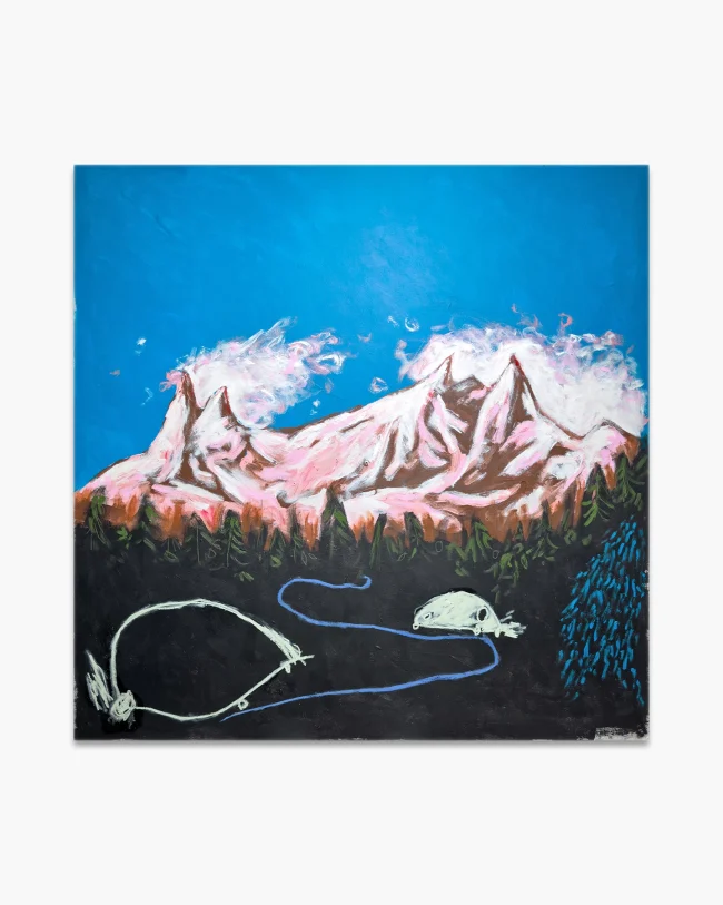 Robert Mollard, The Land Rover Snake of Planaval, 2025. Acrylic, wax crayon and oilstick on canvas, 120x120 cm. Two Land Rovers follow a winding blue road through a dark alpine valley beneath snow-capped Mont Blanc peaks, dense forest and a waterfall to the right. Naive figurative painting.