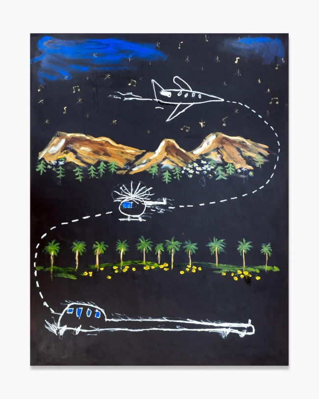 Robert Mollard, Eating Apples (Jet, Helicopter, Rolls-Royce), 2026. Acrylic and oilstick on canvas, 140x180 cm. A large-scale nocturnal painting with a private jet, helicopter and limousine connected by a dashed white route across a black starlit sky, golden mountains and rows of palm trees layered beneath. Naive figurative painting.