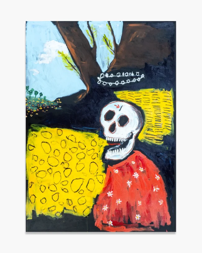Robert Mollard, Et in Arcade Ego, 2026. Acrylic and oilstick on canvas, 100x140 cm. A haloed skull wearing a red leather coat painted with white daisies, set against a dark background flanked by two yellow fields filled with coin shapes, a bare brown tree rising into a pale blue sky. Naive figurative painting.