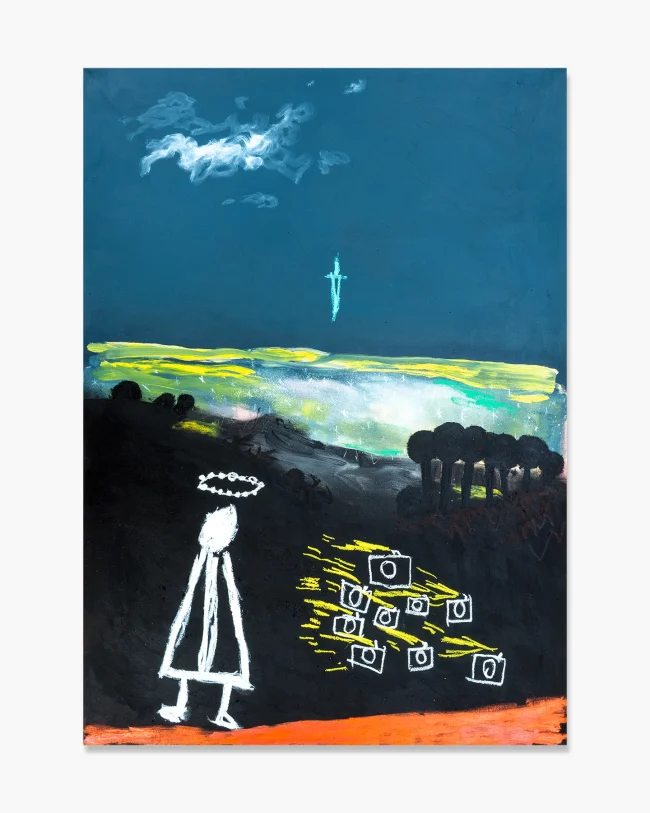 Robert Mollard, Eyes of Damocles, 2026. Acrylic and oilstick on canvas, 100x140 cm. A white figure with a halo stands on an orange ground in a dark nocturnal landscape, facing a cluster of camera lenses glowing with yellow light. A cyan cross hangs in the deep teal sky above. Naive figurative painting.