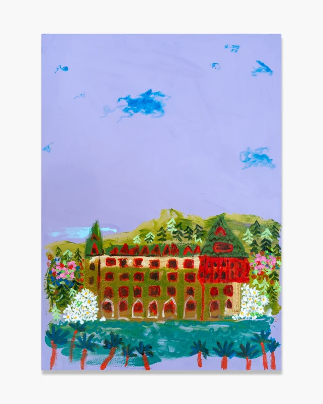 Robert Mollard, Forgive a Dreamer, 2026. Acrylic on canvas, 100x140 cm. A grand alpine hotel with red-windowed facades nestled between green forested hills, white flowering shrubs and red-trunked palm trees along a teal waterfront, beneath a soft lavender sky with blue clouds. Naive figurative painting.