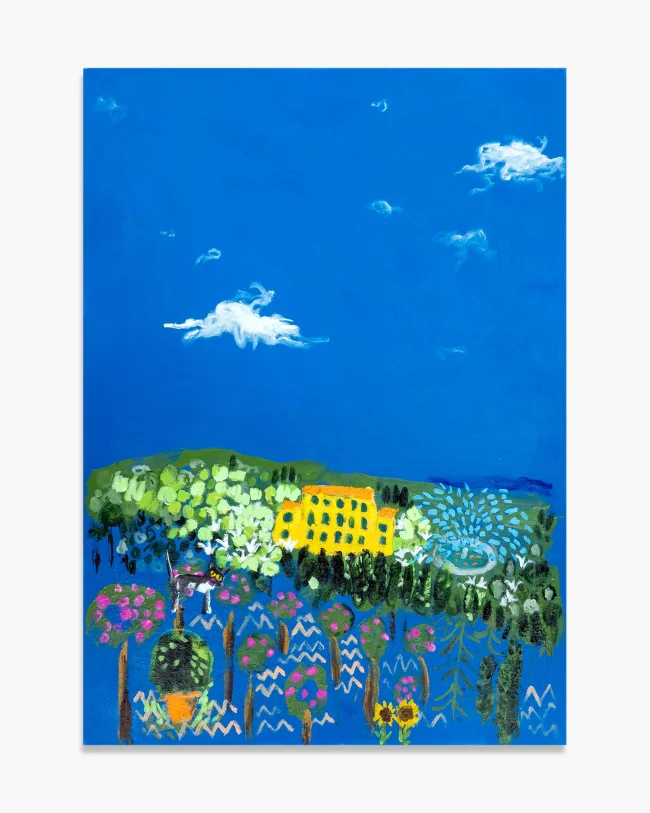 Robert Mollard, Fountain of the Fortunate, 2026. Acrylic on canvas, 100x140 cm. A lush Tuscan hilltop garden with a yellow palazzo, dense green trees, flowering shrubs, sunflowers and a circular fountain, beneath a vast deep blue sky with soft white clouds. Naive figurative painting.