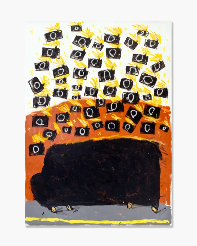 Robert Mollard, Loki Receiving the Illumination of Bieber, 2026. Acrylic and oilstick on canvas, 100x140 cm. A black van on a grey street beneath a dense swarm of camera flashes rendered as black rectangles with yellow light bursting across a white and orange ground. Naive figurative painting.