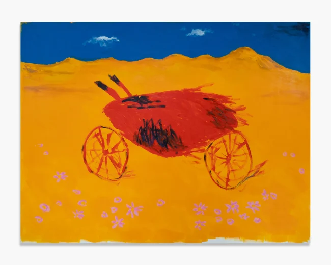 Robert Mollard, Massacre of the High-Score, 2025. Acrylic and oilstick on canvas, 210x160 cm. A red arcade motorcycle at full speed across a vast golden yellow landscape beneath a deep blue sky. Small pink flowers scatter across the ground. Naive figurative painting.