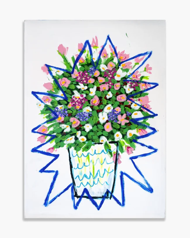 Robert Mollard, Still Life Preceding Particle Acceleration, 2026. Acrylic and oilstick on canvas, 100x140 cm. A dense bouquet of pink, white and purple flowers in a white vase, outlined by bold blue zigzag lines radiating outward against a white background. Naive figurative painting.