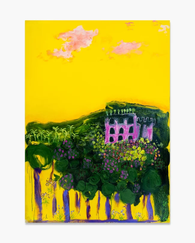 Robert Mollard, Success of the Flight of Icarus, 2026. Acrylic on canvas, 100x140 cm. A Mediterranean hilltop garden with a pink villa surrounded by dense dark green vegetation and purple tree trunks against an intense yellow sky. Two soft pink clouds drift above. Naive figurative painting.