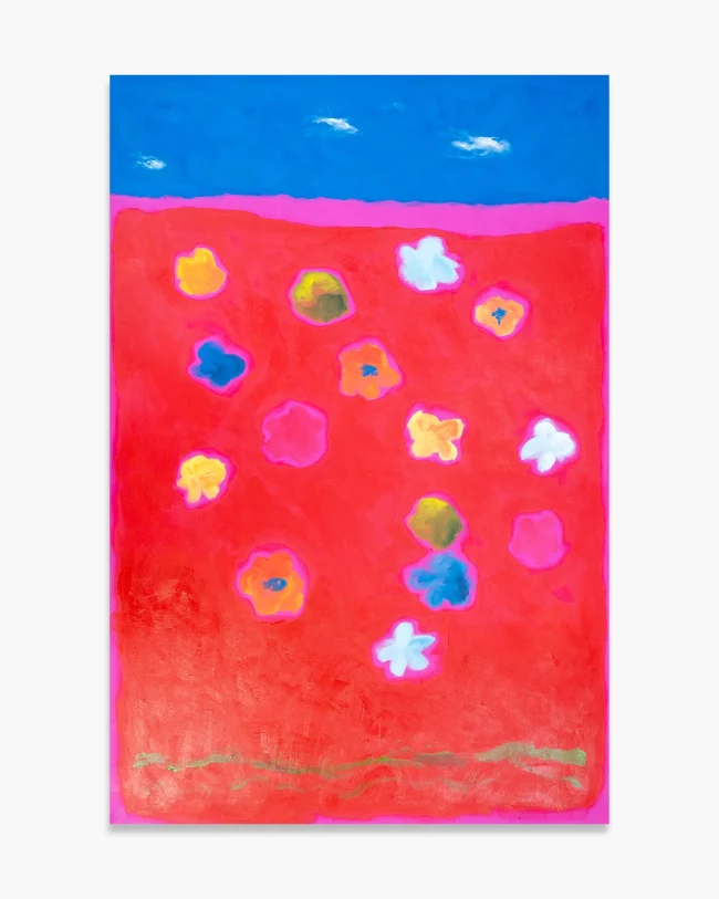 Robert Mollard, The Absence is Present, 2026. Acrylic on canvas, 140x210 cm. A large-scale painting with a vivid red field beneath a deep blue sky. Multicoloured flowers float across the red surface above a thin golden horizon line. Naive figurative painting.