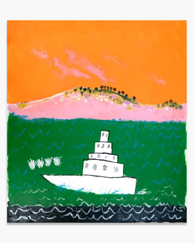 Robert Mollard, Three Musicians, 2026. Acrylic and oilstick on canvas, 160x180 cm. A white boat cruising through layered green Mediterranean waters beneath a vivid orange sky, a pink hill with silhouetted trees in the background. Three white splashes in the water. Naive figurative painting.